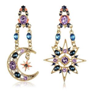 Boho Colorful Crystal Sun and Moon Dangle Earrings